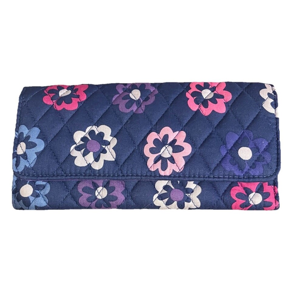 Vera Bradley Retired Floral Quilted Cotton Trifold Wallet Navy Purple Lining EUC